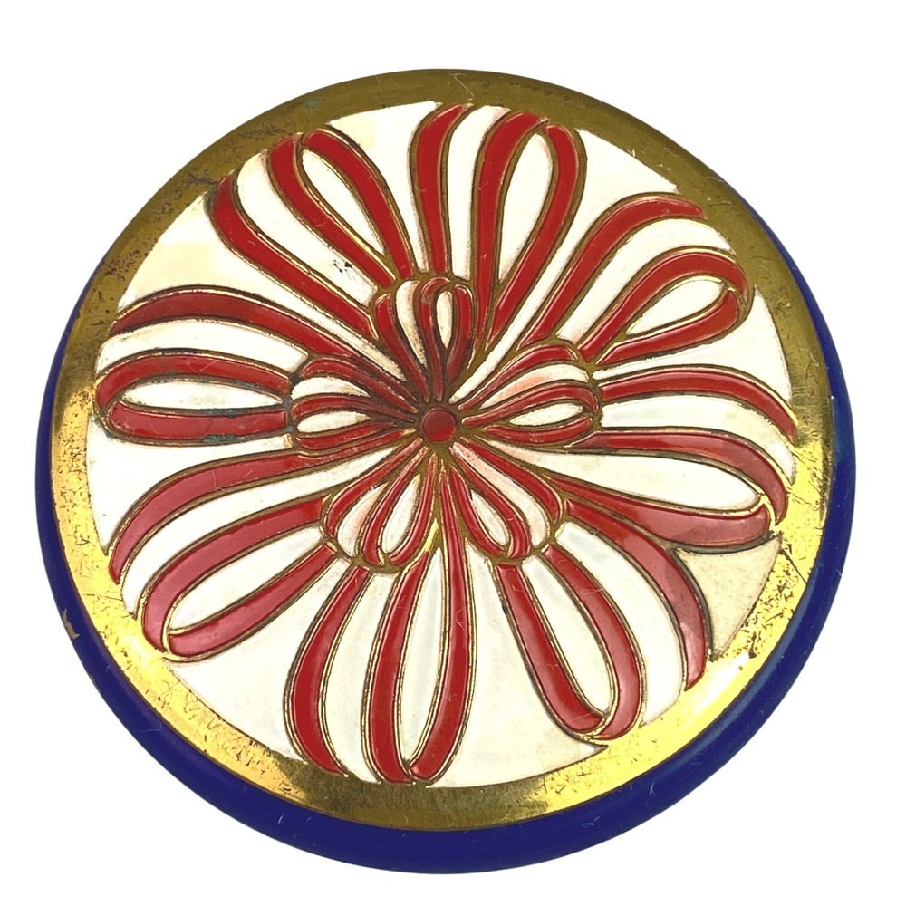 Vintage Richard Hudnut‎ Compact Enameled Metal Powder Rouge Mirror Red Bow